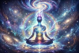 Manos de un terapeuta canalizando energía luminosa sobre el cuerpo de una persona en estado de relajación profunda.