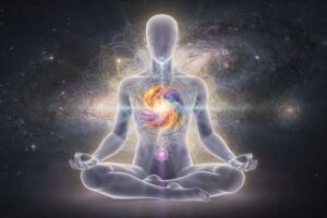 Representación visual del aura energética que rodea el cuerpo humano con sus diferentes capas de luz y color.