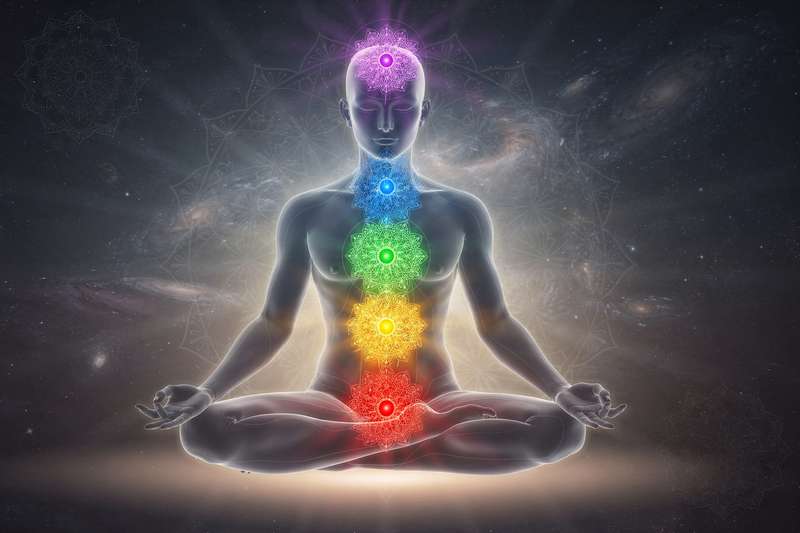 Representación visual de los siete centros energéticos del cuerpo humano alineados verticalmente desde la base de la columna...