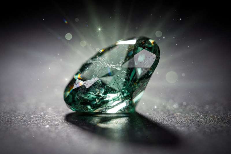 Esmeralda verde tallada junto a otros cristales minerales sobre superficie de madera natural.
