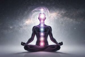 Representación del chakra coronario ubicado en la parte superior de la cabeza con energía luminosa de color violeta irradiando...