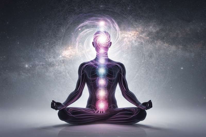Representación del chakra coronario ubicado en la parte superior de la cabeza con energía luminosa de color violeta irradiando...
