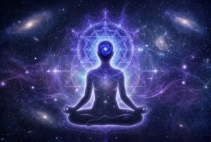 Representación visual del chakra del tercer ojo con tonalidades índigo en el centro de la frente de una persona meditando.