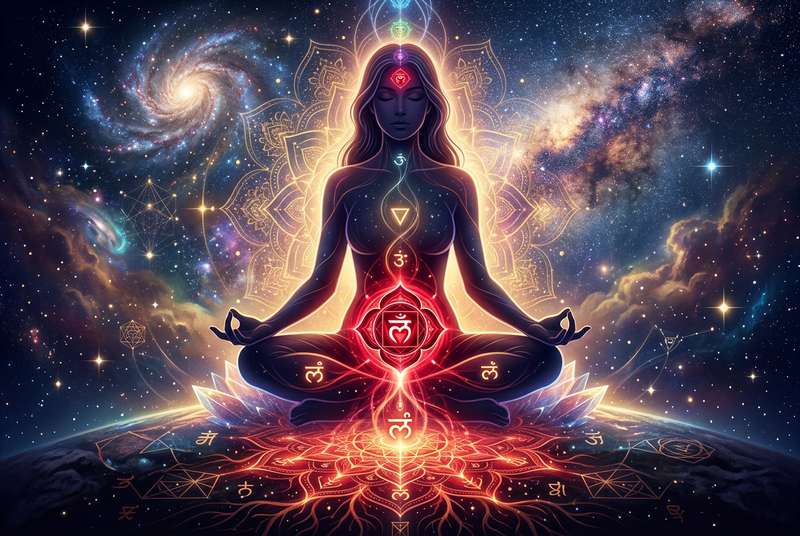 Representación visual del chakra raíz en la base de la columna vertebral con energía roja radiante.