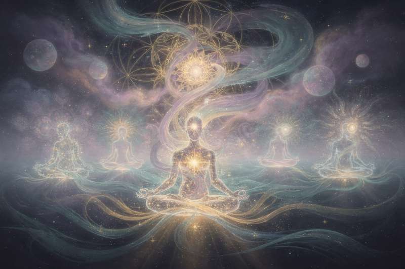 Patrones geométricos ancestrales dispuestos en círculos y líneas que crean un escudo energético de protección espiritual.