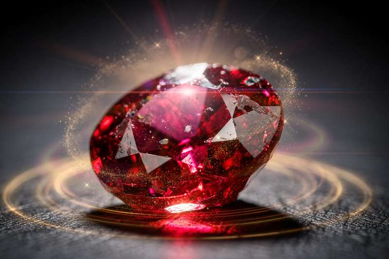 Rubí rojo intenso sobre superficie reflectante que destaca sus propiedades energéticas y curativas en cristaloterapia.