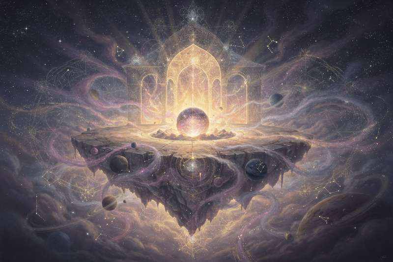 Representación de antiguos símbolos místicos y geométricos que conectan las tradiciones espirituales con la búsqueda...