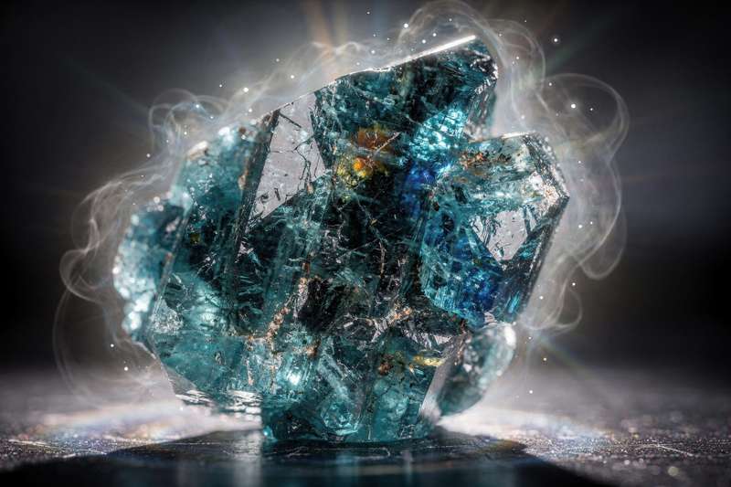 Piedra de apatita azul pulida que refleja la luz en tonos celestes y azul profundo.