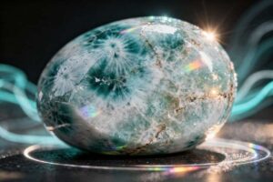 Piedra de larimar azul celeste pulida mostrando sus vetas y reflejos naturales típicos de esta gema caribeña.