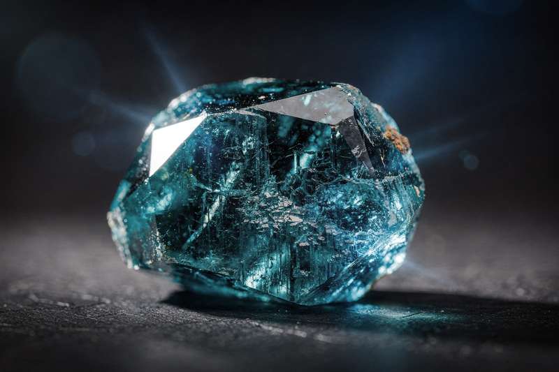 Cristal de turmalina azul pulida que refleja luz mostrando su color intenso y propiedades energéticas naturales.