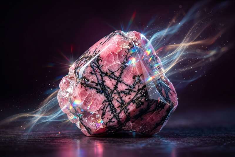 Piedra de rodonita rosa con tonos negros sobre superficie blanca destacando su estructura mineral característica.