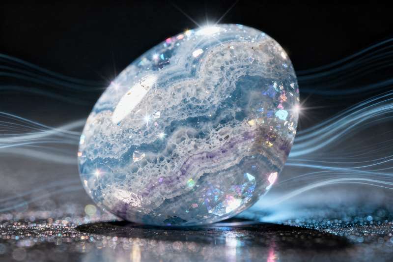 Piedra de ágata azul de encaje con vetas blancas delicadas, utilizada en terapias holísticas para mejorar la comunicación.