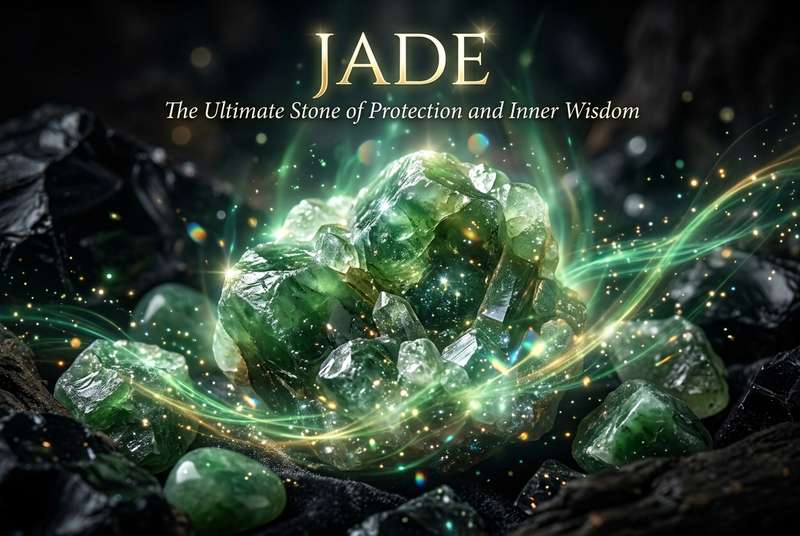 Jade en tonos verdes pulida que irradia serenidad, conocida por sus propiedades de protección y equilibrio emocional.