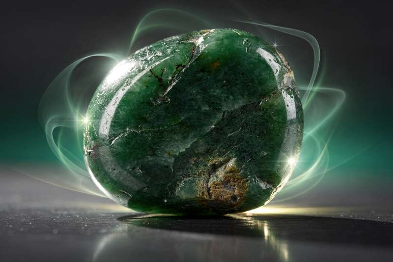 Pulida piedra de jade verde oscuro brillante sobre superficie de madera natural, símbolo de protección y equilibrio espiritual.