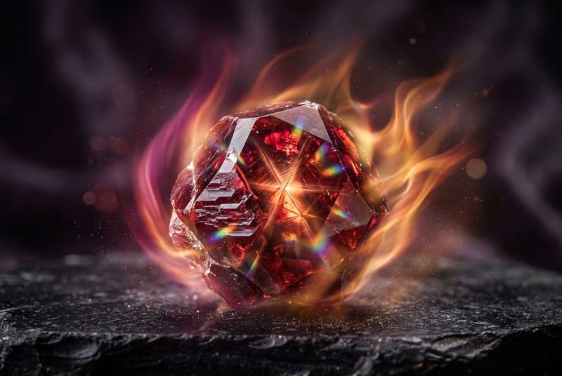 Piedra de granate roja brillante que representa la energía vital y la pasión en prácticas de sanación con cristales.