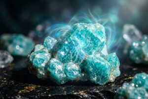Piedra de amazonita verde azulada pulida mostrando sus características propiedades energéticas para fomentar el coraje y la...