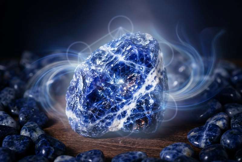 Piedra de sodalita azul con vetas blancas mostrando su estructura cristalina natural.