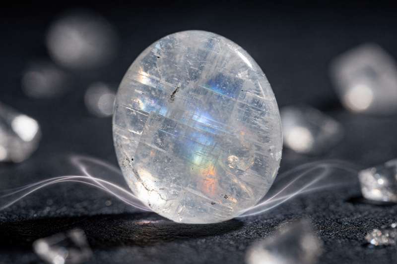 Cristal translúcido de piedra de luna con brillo lechoso reflejando la luz sobre fondo oscuro.