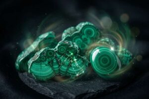 Piedra de malaquita verde con bandas de tonos más claros mostrando su estructura cristalina característica.