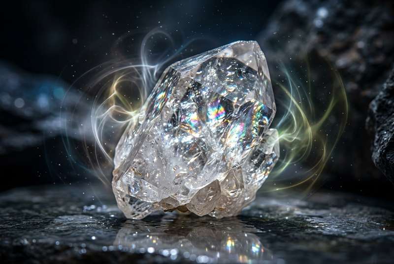 Cristal de cuarzo transparente pulido que refleja luz blanca sobre superficie neutra para representar sus propiedades de...