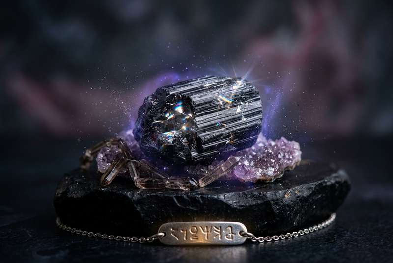 Cristal de turmalina negra pulido con brillo intenso sobre fondo oscuro para resaltar su estructura cristalina.