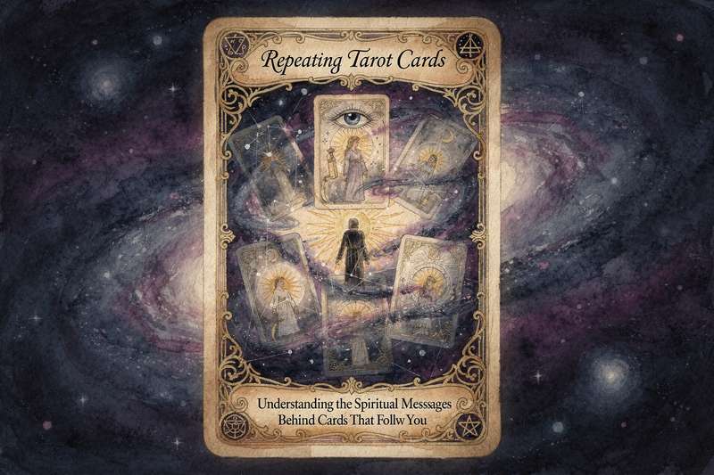 Manos sosteniendo barajas de tarot con cartas que se repiten durante una tirada espiritual.