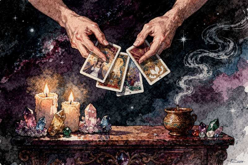 Mano sosteniendo una carta del tarot sobre una mesa con otros naipes dispuestos en una tirada.