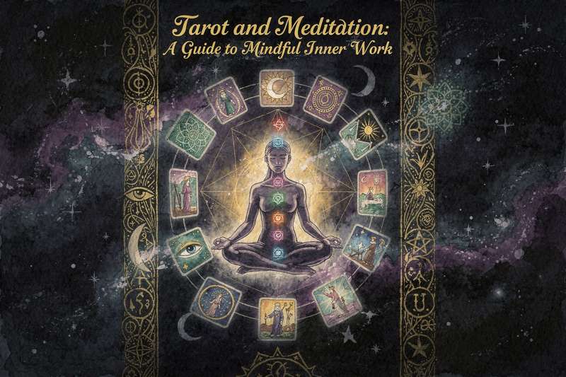 Mazo de tarot desplegado sobre un espacio sereno para acompañar sesiones de meditación y autoconocimiento.