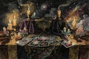 Baraja de tarot dispuesta en círculo sobre tela morada con velas encendidas alrededor para meditación profunda.
