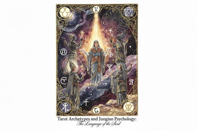 Baraja de tarot dispersa sobre una superficie con símbolos arquetípicos que representan los patrones psicológicos del...
