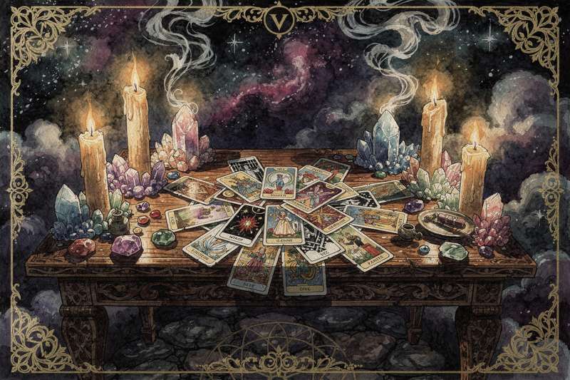 Baraja completa de tarot abierta en abanico mostrando los arcanos mayores con simbolismo psicológico profundo.