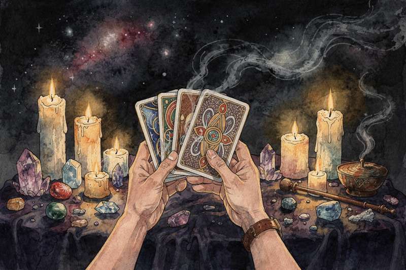 Lector de tarot sosteniendo una carta mientras realiza una lectura intuitiva sin depender de interpretaciones memorizadas.
