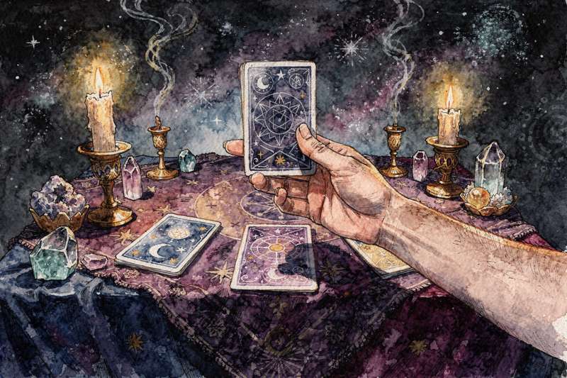 Cuaderno abierto con anotaciones personales junto a cartas del tarot dispuestas sobre una superficie de madera.