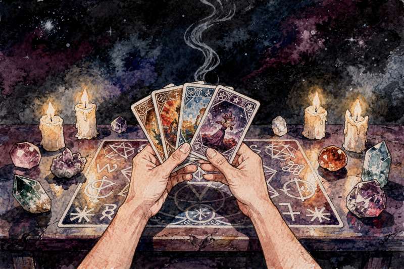 Mazo de cartas de tarot sobre tela negra rodeadas de cristales y hierbas secas para purificar su energía.