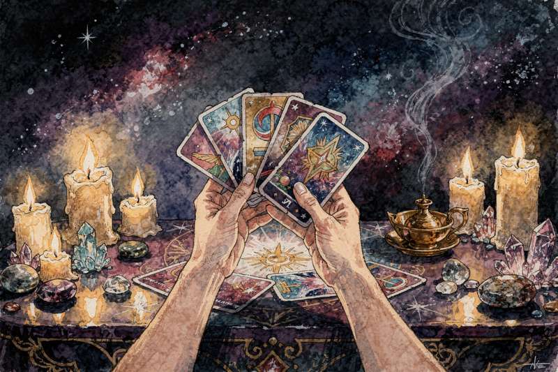 Manos barajando con destreza una baraja de cartas de tarot sobre una superficie de madera oscura.