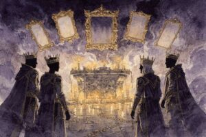Representación de las cuatro cartas de corte del tarot tradicional: Rey, Reina, Príncipe y Paje en sus distintos palos.