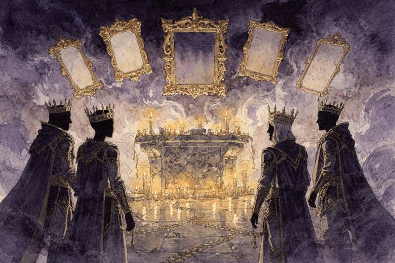 Representación de las cuatro cartas de corte del tarot tradicional: Rey, Reina, Príncipe y Paje en sus distintos palos.
