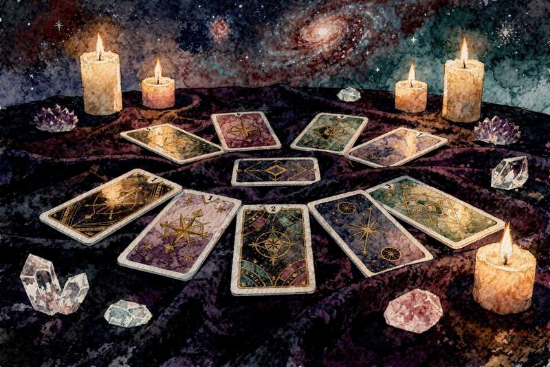 Baraja de tarot dispuesta en círculo sobre tela morada para una lectura enfocada en el desarrollo personal y la transformación...