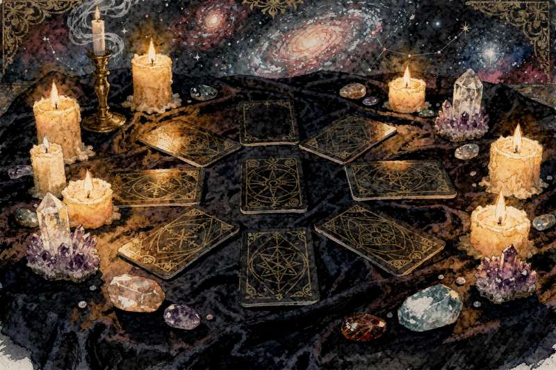 Baraja de tarot sobre superficie oscura con cartas principales dispuestas en patrón de lectura para introspección personal.