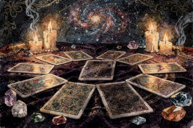 Baraja de tarot de chakras con cartas dispuestas en una tirada para interpretar los centros energéticos del cuerpo.