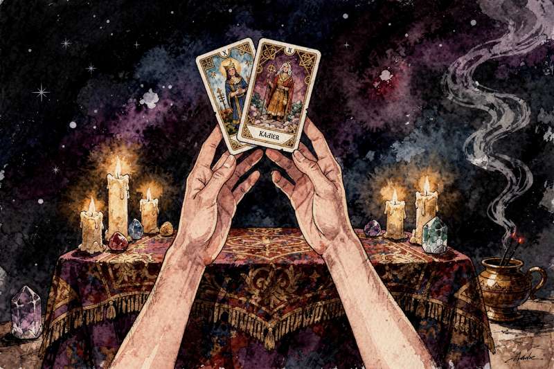 Disposición de varias cartas del tarot sobre una superficie oscura mostrando símbolos y arcanos para interpretación combinada.