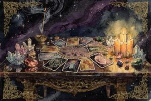 Baraja de tarot desplegada mostrando múltiples cartas antiguas dispuestas en patrón de lectura para interpretación combinada.