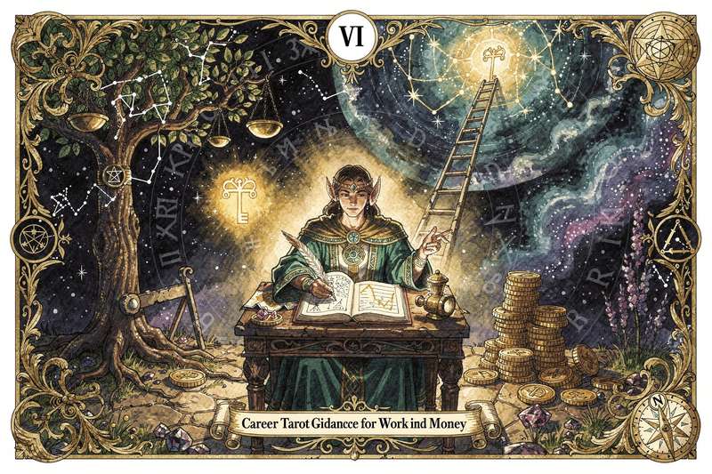 Baraja de tarot extendida sobre mesa con cartas de arcanos mayores y menores para consulta sobre futuro laboral y económico.