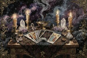 Baraja de tarot extendida sobre mesa de madera con enfoque en arcanos mayores relacionados con profesión y abundancia.