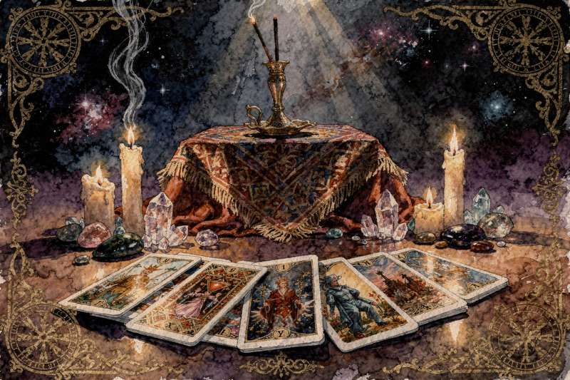 Baraja Tarot Rider Waite con sus cartas de Arcanos Mayores y Menores distribuidas sobre superficie oscura.