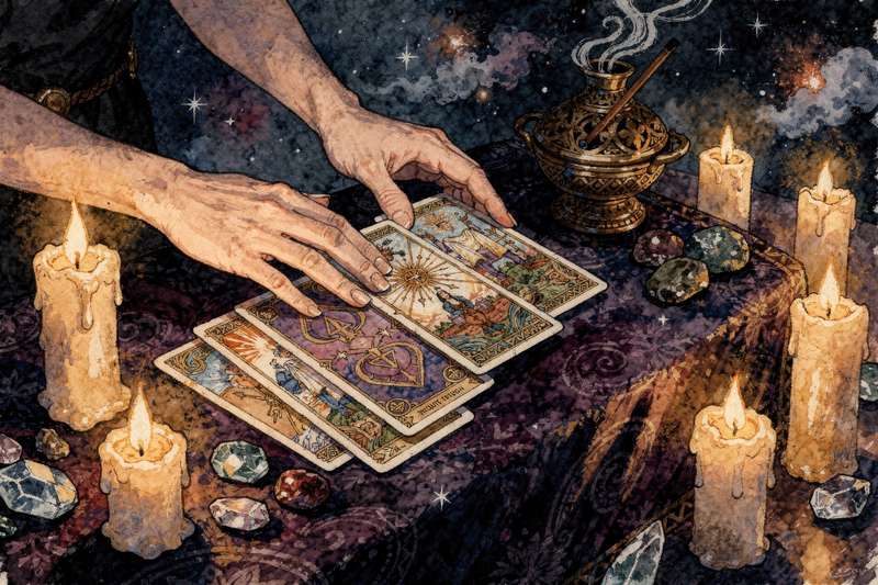 Baraja de tarot abierta mostrando varias cartas dispuestas en una tirada personal sobre una superficie oscura.