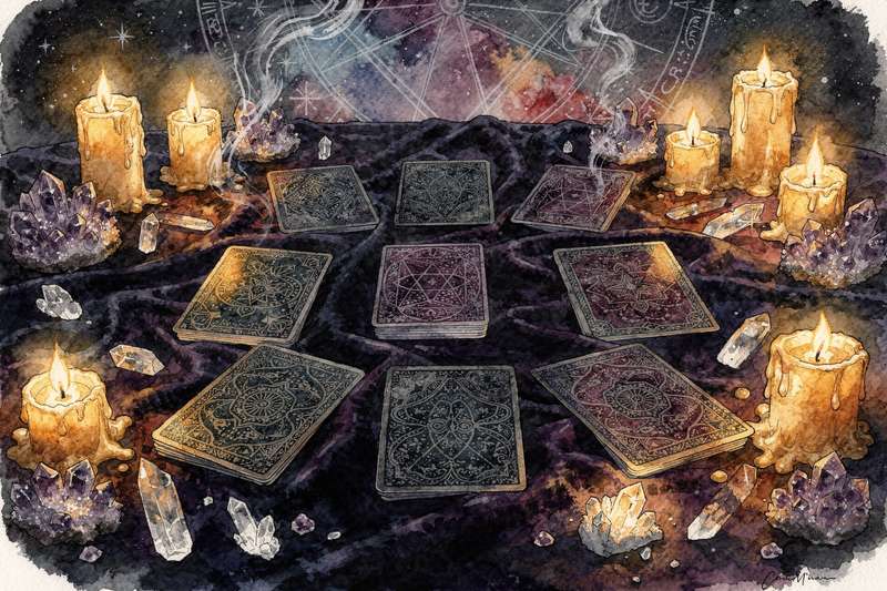 Baraja de tarot desplegada sobre una superficie oscura con cartas relacionadas con nuevos comienzos y transformación para la...