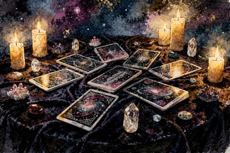 Disposición de trece cartas del tarot sobre una superficie oscura para una lectura anual completa.