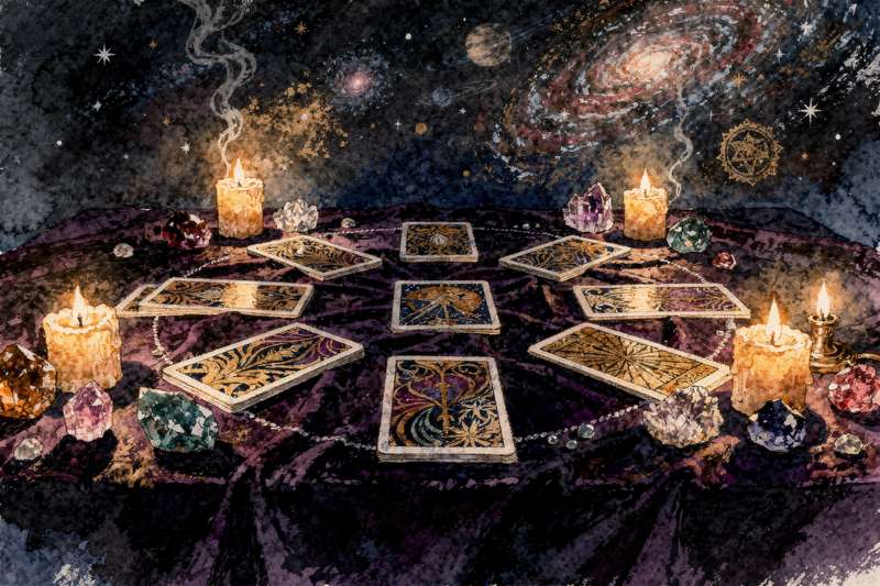 Baraja de tarot con cartas dispuestas en patrón de lectura para obtener respuestas directas a preguntas específicas.