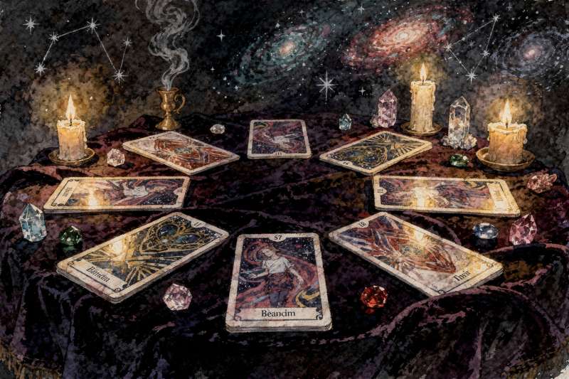 Cartas del tarot dispuestas en una tirada para consultar sobre el desarrollo y futuro de la trayectoria laboral.